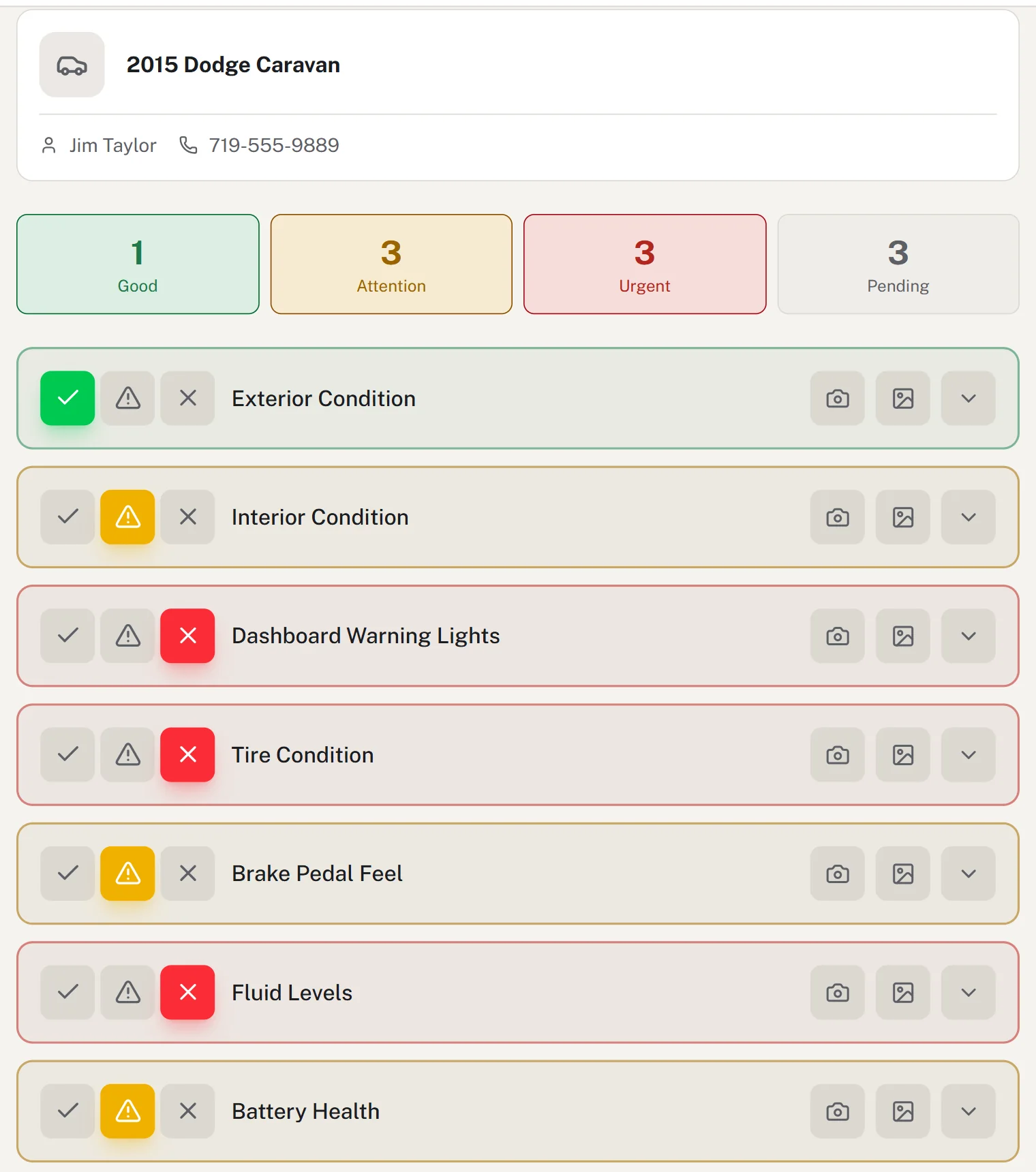 Digital vehicle inspection: each item marked good, needs attention or urgent, with camera buttons for photos