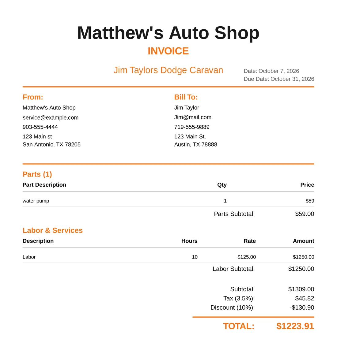 A finished PDF invoice with the shop and customer details, parts, labor, tax, discount and total
