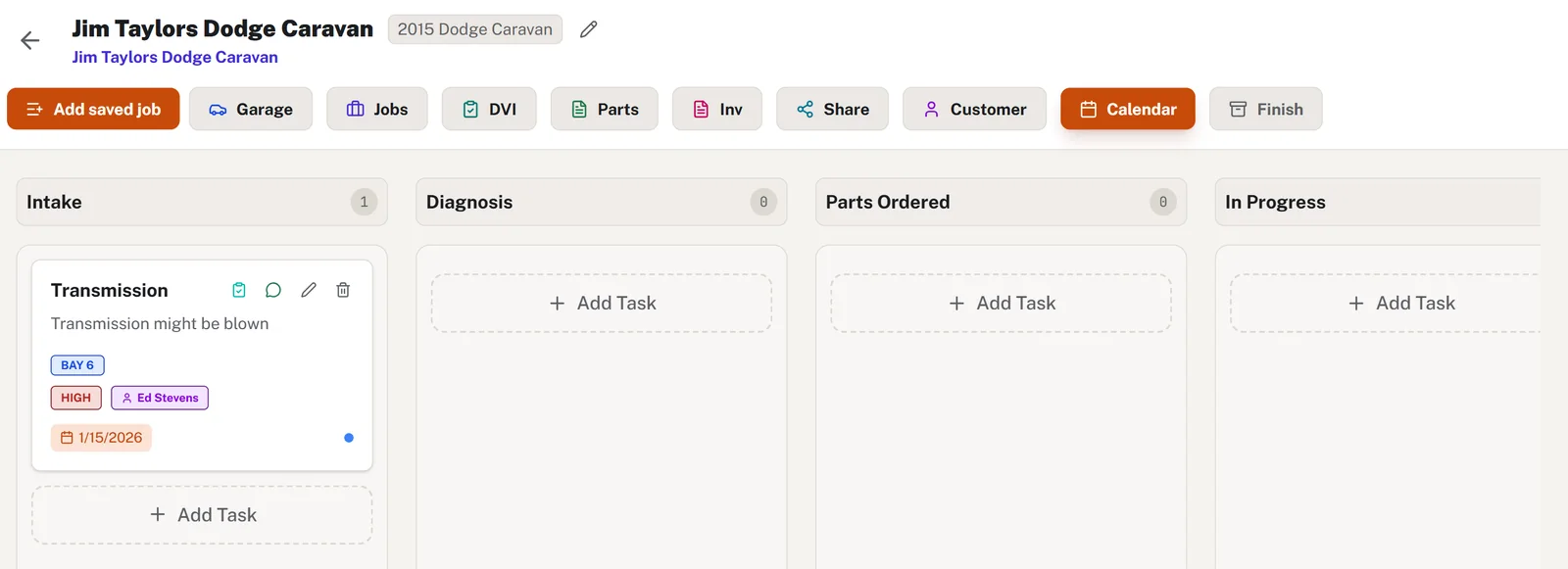 A vehicle’s job board with Intake, Diagnosis, Parts Ordered and In Progress columns, and a task showing its bay number, priority and assigned mechanic