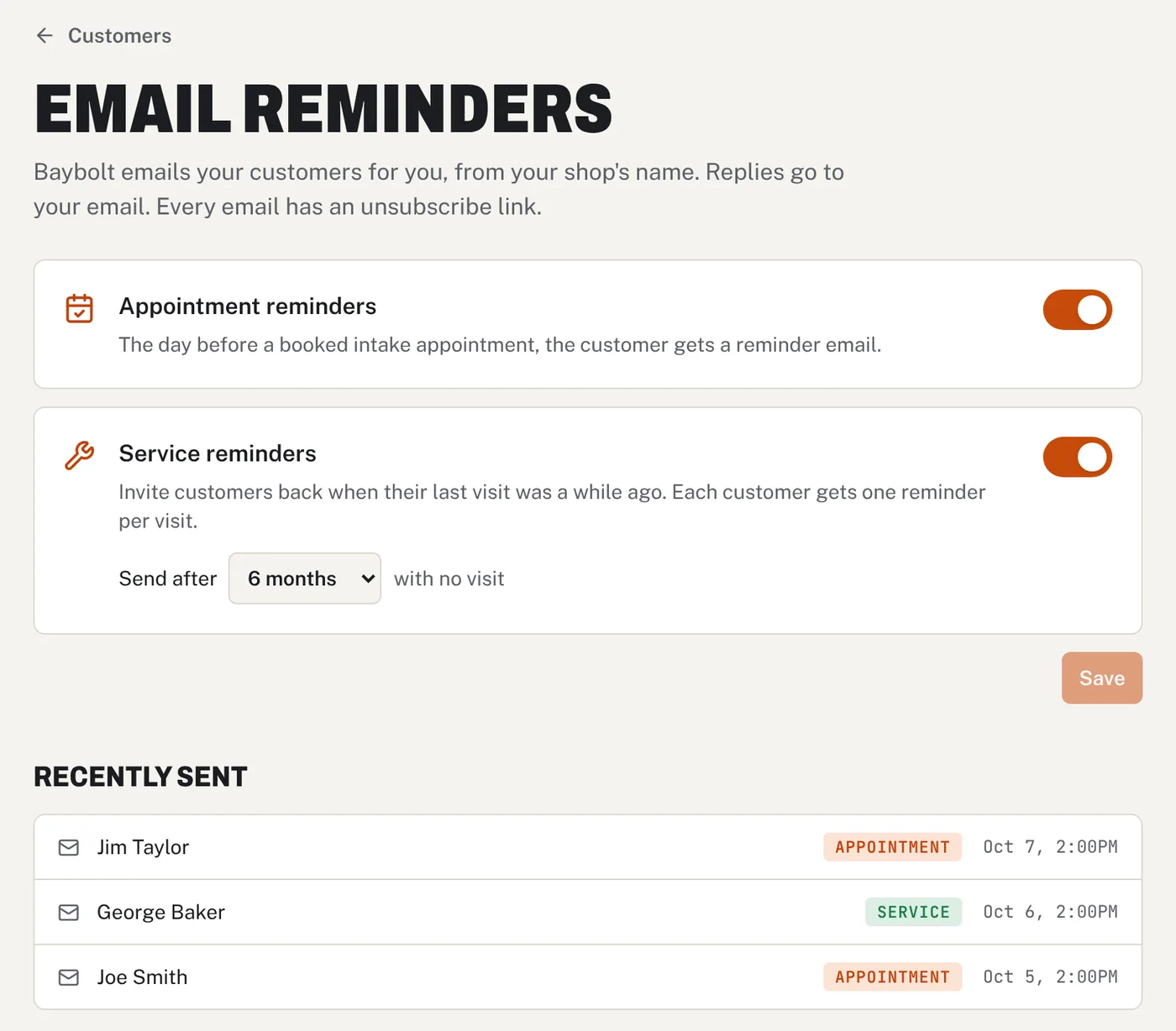 Email reminders: appointment and service reminder switches, and a list of recently sent reminders
