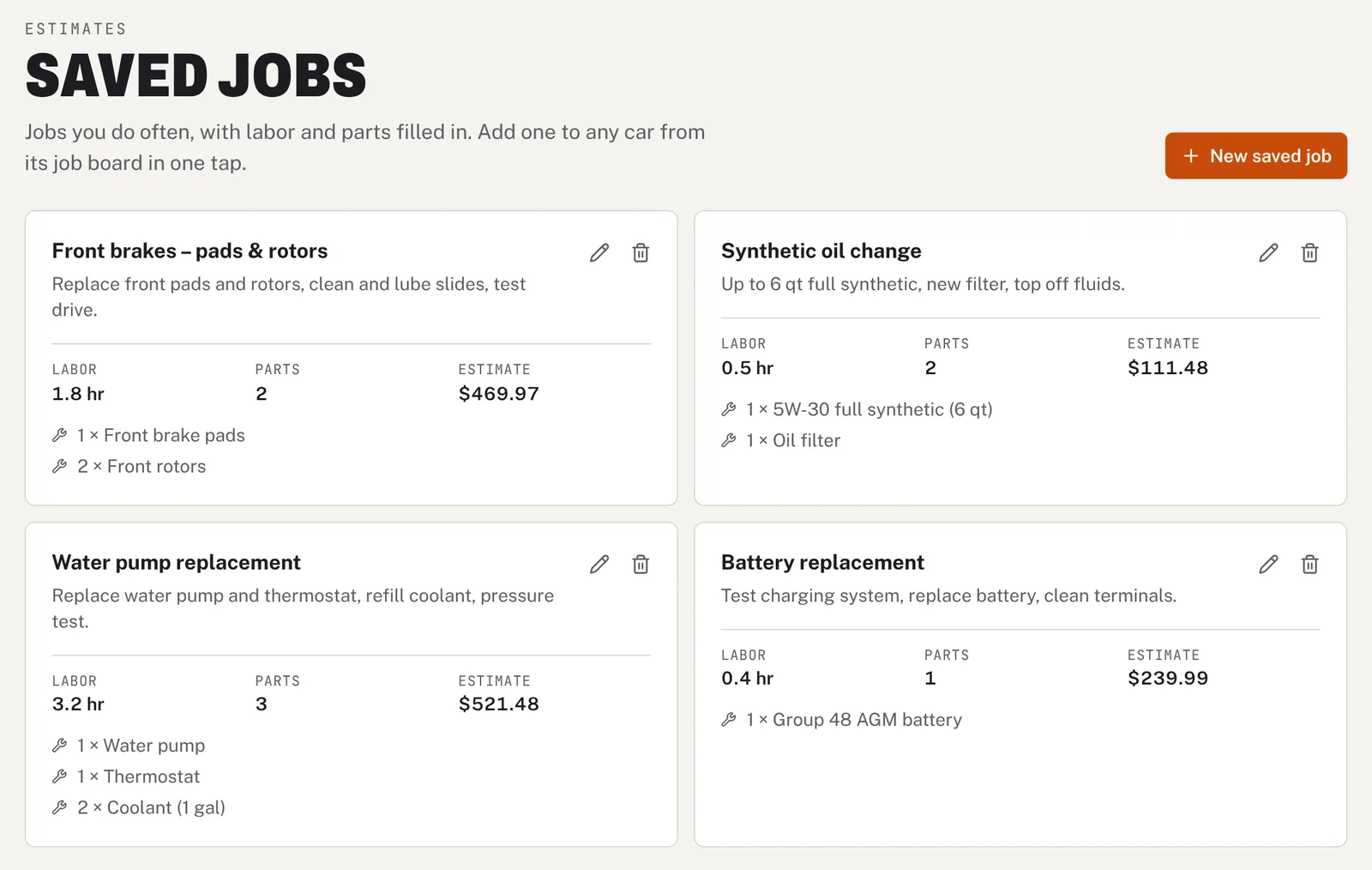 Saved Jobs: reusable jobs like front brakes and oil change, each with labor hours, parts and an estimate